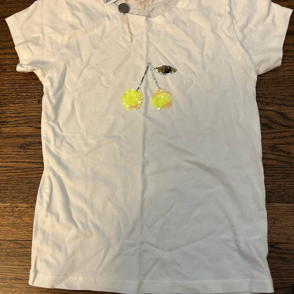 New Bonpoint White Tee with Yellow Sequin Cherry Motif